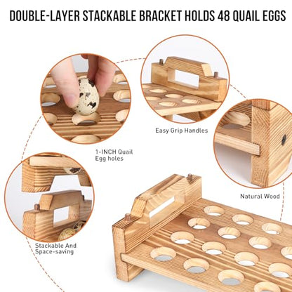 Stackable Wooden Quail Egg Holder Countertop-Expandable Storage Rack with 4 Bonus Egg Cups | Solid Wood Tray with Secure Interlocking Dowels for 48 Fresh Quail & Pigeon Eggs (Single or Multi-Tier Use)