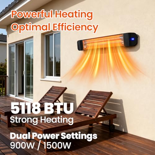 1500W Infrared Patio Heater, 2 Levels (900W/1500W), Wall Mounted Electric Outdoor Heater with Remote, CSA Certified, IP65, Overheat/Tip-Over Protection for Garage & Backyard (Black)