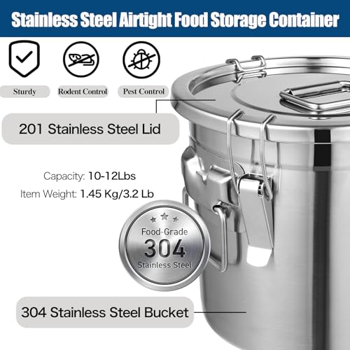 12Lbs 304 Stainless Steel Dog Food Storage Containers with Scoop, Large Pet Food Storage Container with Airtight Lid and Locking Clamp Metal Pet Food Bin for Dogs and Cats, Keep Fresh, Easy to Clean - size: 12Lbs with Scoop
