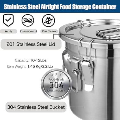 12Lbs 304 Stainless Steel Dog Food Storage Containers with Scoop, Large Pet Food Storage Container with Airtight Lid and Locking Clamp Metal Pet Food Bin for Dogs and Cats, Keep Fresh, Easy to Clean - size: 12Lbs with Scoop