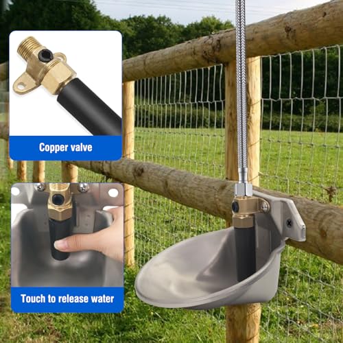 Stainless Steel Automatic Goat Waterer Livestock Sheep Water Bowl with Copper Valve and Drain Hole, Automatic Drinking Trough for Goat Sheep Calf Pig Dog (2pcs)