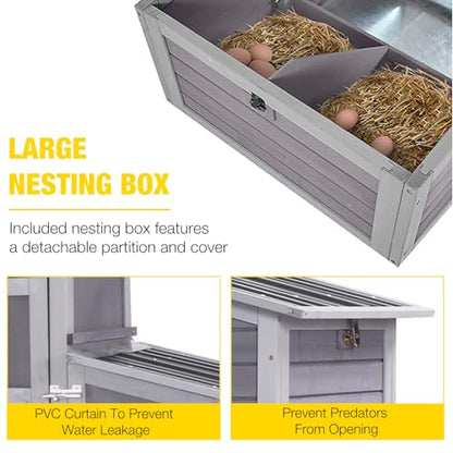 Aivituvin Chicken Coop with Run and Wheels, Mobile Outdoor Hen House Wooden Poultry Cage with Waterproof Roof (Grey, AIR61) - color: Grey, size: AIR61