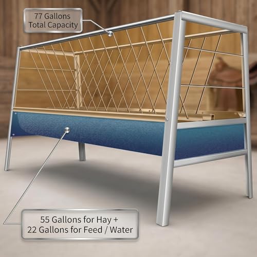 77 Gallon Hay Feeder, 2-in-1 Livestock Feeder for Goats Sheep Calves Horses, Stainless Steel Goat Feeder with Rubber Trough