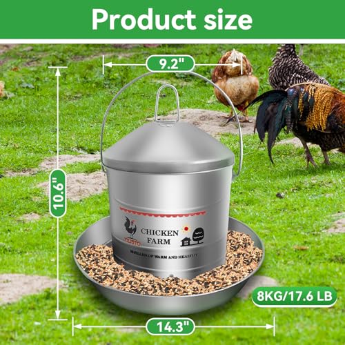 17.6 Lb Stainless Steel Poultry Feeder, Automatic Chicken Feeder No Waste, Hanging Chicken Feeder Heavy Duty Reliable Long-Lasting with Handle, Top Filled - size: 8KG/17.6 LB