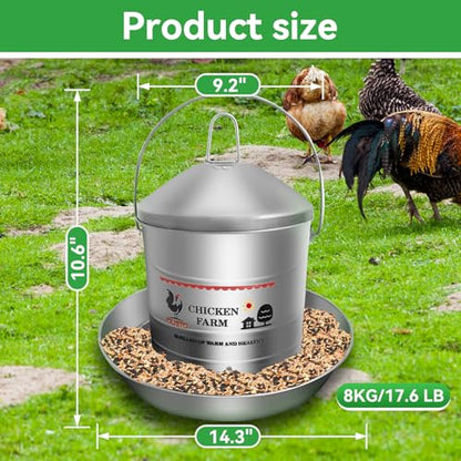 17.6 Lb Stainless Steel Poultry Feeder, Automatic Chicken Feeder No Waste, Hanging Chicken Feeder Heavy Duty Reliable Long-Lasting with Handle, Top Filled - size: 8KG/17.6 LB