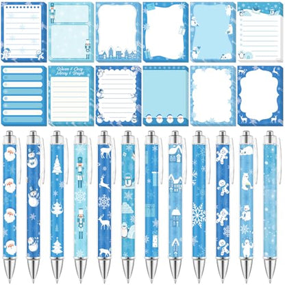 Dispowreath 24 Pcs Winter Sticky Notes with Pens Blue Snowflake Themed Gifts Self Adhesive Notepad Cute Memo Note Pads Black Ink Ballpoint Pen for Holiday Gifts Office Teacher Supplies - style: Blue Xmas