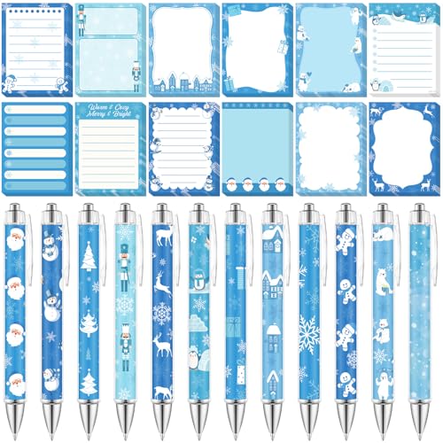 Dispowreath 24 Pcs Winter Sticky Notes with Pens Blue Snowflake Themed Gifts Self Adhesive Notepad Cute Memo Note Pads Black Ink Ballpoint Pen for Holiday Gifts Office Teacher Supplies - style: Blue Xmas