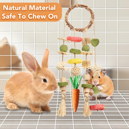 Jorewood Rabbit Chew Toys Bunny Cage Hanging Toy and Treats Rattan Ring with Snacks for Rodent Pets Teeth Healthy - size: 1 count