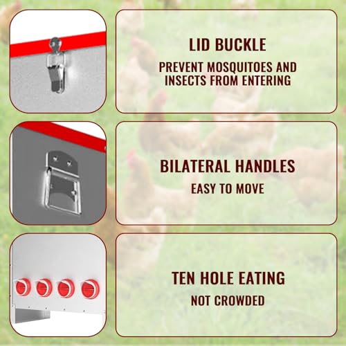 10 Ports Automatic Chicken Feeder 85 Pounds Large Gravity Fed Chicken Feeder with Latch & Handle for Chickens Bantams Pheasants Poultry Coop Weatherproof