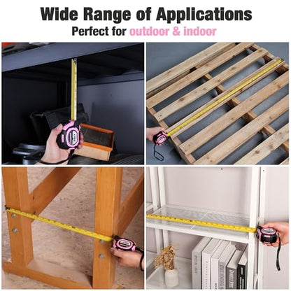 WORKPRO Pink Auto-Lock Tape Measure, 25FT 1/8 Fractions Easy Read Measuring Tape, Double Retract Measurement Tape Accuracy 1/32 for Engineer,with Magnetic Hook, Rubber Protective Casing - Pink Ribbon - color: Pink