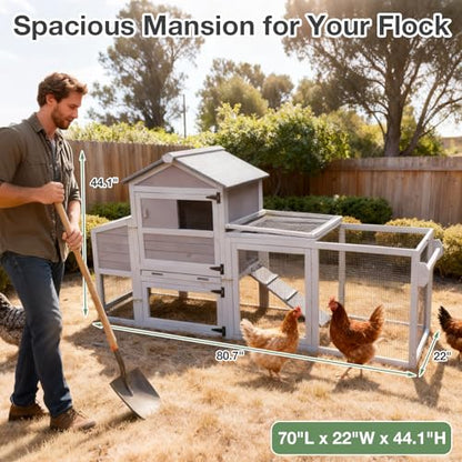Chicken Coop Wooden with Wheels, Expandable Outdoor Chicken Tractor with Nesting Box & Pull-Out Tray, Easy-Clean Poultry Coop for 2–3 Chickens & Ducks - color: Grey