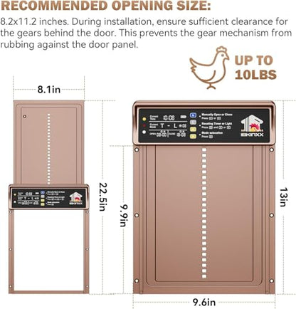 IBKINXX Automatic Chicken Coop Door Solar Powered, LCD Display with Timer & Light Sensor, 4 Modes Anti-Pinch & Weather Proof with Remote Control, Gold Door for Chickens, Ducks, Geese, Rabbits