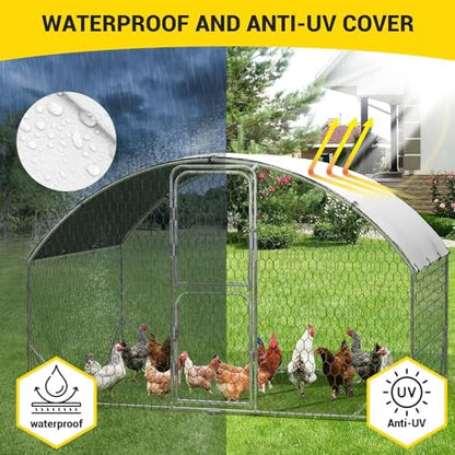 Large Metal Chicken Coop, Walk-in Poultry Cage, Large Chicken Run with Waterproof & Anti-UV Cover, Chicken Pen with Double Lockable Doors for Outdoor, 9.8x6.5x6.6FT - size: 9.8' W x 6.5' L x 6.5' H