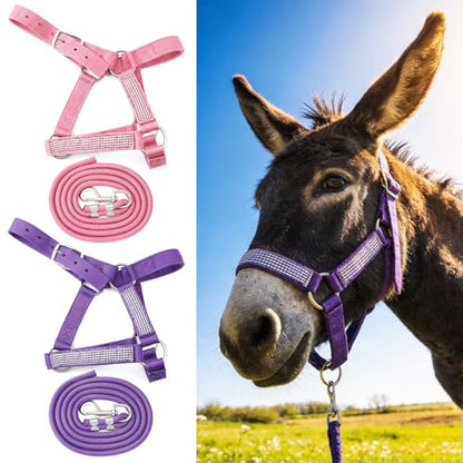 2 Set Miniature Donkey Halter with Lead Ropes, Cute and Stylish Adjustable Nylon Head Collar Set for Miniature Donkeys (Purple,Pink) - color: Purple,Pink