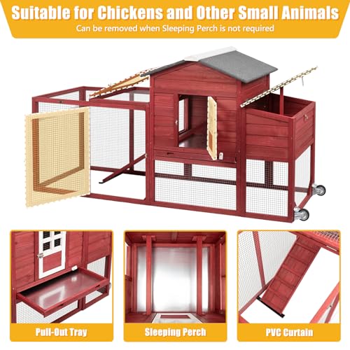 Ketive Wooden Chicken Coop Cage Outdoor Indoor Hen House with Nesting Box, Waterproof Roof, Removable Tray for Poultry Pets Enclosure Garden Backyard Grey (Red, 149.6" L x 22.05" W x 39.37" H) - color: Red