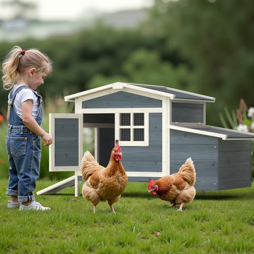GOJOOASIS Chicken Coop for 2 Chickens Outdoor Rabbit Hutch Chicken House Cage with Ramp & Nesting Box for Small Animals (Grey) - color: Grey