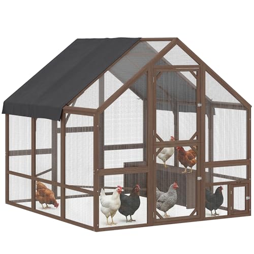 PawHut Large Wooden Chicken Coop for 8-10 Hens, Walk-in Chicken Run with Waterproof Cover, Nesting Boxes and Perches, Outdoor Poultry Cage Rabbit Hutch for Backyard, 83" x 73" x 73", Dark Brown - color: Dark Brown, size: 83.1"L x 73.4"W x 73.0"H