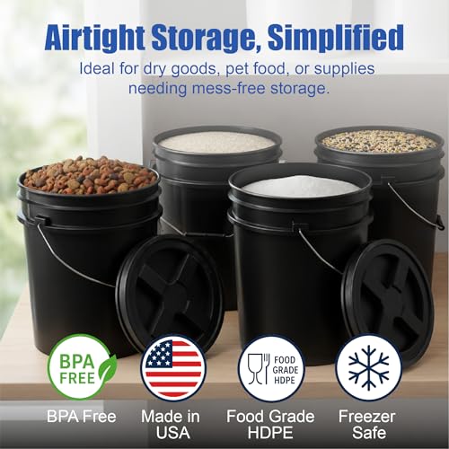 ePackageSupply 5 Gallon Bucket - Food Grade Bucket with Airtight Gamma Seal Screw-On Lid, BPA-Free, Heavy-Duty 90 Mil HDPE Plastic, Bulk Storage, Durable Container, Made in USA, Black/Black, 6 Packs - color: Black/Black, size: 6 Packs