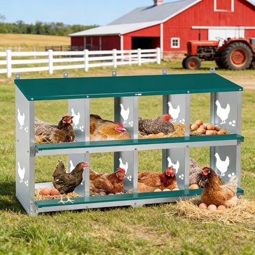Garvee Large Metal Chicken Nesting Boxes for Hens, 8 Compartment Galvanized Steel Nesting Box, Includes 4 Fake Eggs & 10 Soft Nest Pads Pads, Wall Mount or Freestanding for Coop & Farm - style: 8 Holes