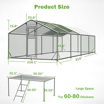 10x26FT Metal Chicken Coop, Dutch Door Chicken Run with Chicken Perch, Cover and Chicken Wire, Walk in Duck Pen for Backyard Poultry and Pet Farming - size: 315.0"L x 118.1"W x 76.8"H