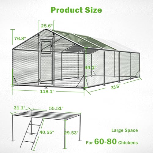 10x26FT Metal Chicken Coop, Dutch Door Chicken Run with Chicken Perch, Cover and Chicken Wire, Walk in Duck Pen for Backyard Poultry and Pet Farming - size: 315.0"L x 118.1"W x 76.8"H