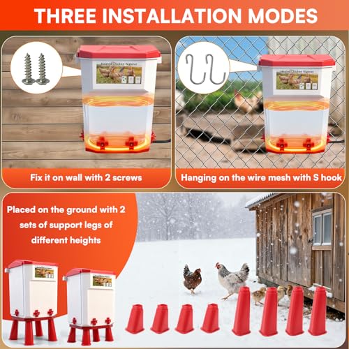 3 Gallon Heated Chicken Waterer for Winter Automatic Chicken Water Heater,Adsjustable Height Anti-Freezing Poultry Watering System with Thermostatic Control,Red,12.5 in x 8.3 inch x 8.3 in
