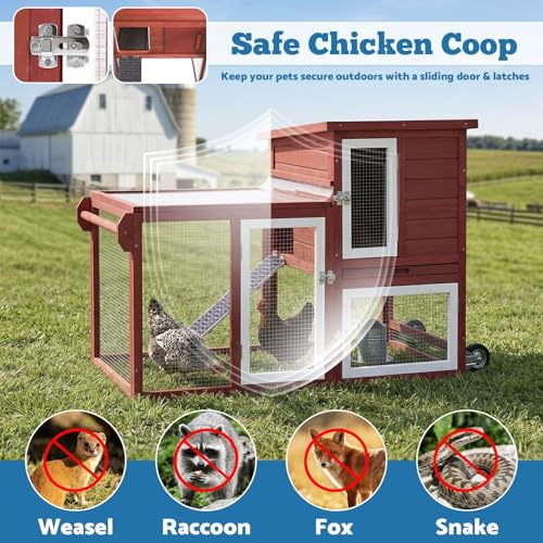 Rabbit Hutch Indoor Outdoor Bunny Cage, Weather Resistant Openable Roof, Slide Out Tray, Handle & Rolling Wheels, Chicken Coop, 48.05" L x 26.02" W x 34.3" H, Red - color: Red