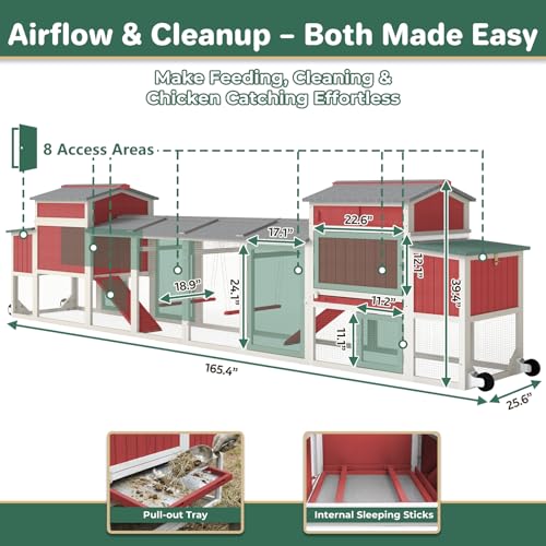 Large Chicken Coop with Run for 6-12 Chickens, Mobile Outdoor Hen House Chicken Tractor with Wheels, Wooden Poultry Cage Full Asphalt Roof, Nesting Box, Pull-Out Tray & Fun Swing 165.4" L - color: Red