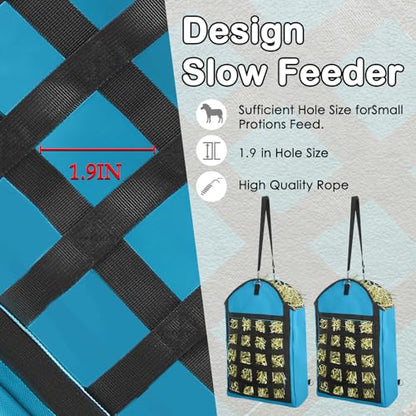 2 Pack Heavy Duty 1200D Oxford Slow Feeder Hay Bag with Large Opening for Horse, Goat, Donkeys, 13.78x7.45x18.1 Inch, Blue