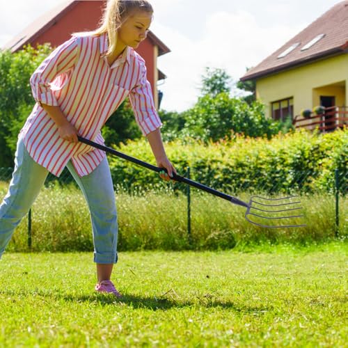 KALLORY Handheld Manure Fork Iron Grass Fork for Farming and Gardening 5-Tine Solid Fork Sturdy Household Outdoor Tool for Compost and Horse Stall Cleaning