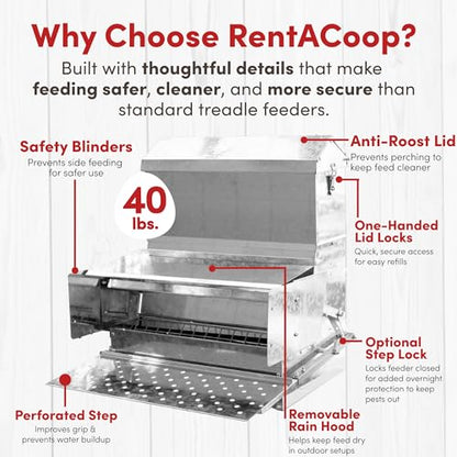 RentACoop 40 lb Automatic Treadle Chicken Feeder, Metal Rat Resistant Poultry Feeder, Rainproof No Waste Step-On Feeder for Chickens, Bantams, Ducks, Pheasants, Outdoor Covered Feed Bin - style: 40LB Treadle Feeder