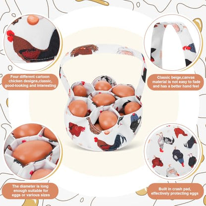 Egg Collecting Basket, Canvas Egg Basket for Gathering with 7 Pouches for Chicken, Duck, Goose, Bird, Various Poultry Collection (Black and white chicken) - style: Black and white chicken