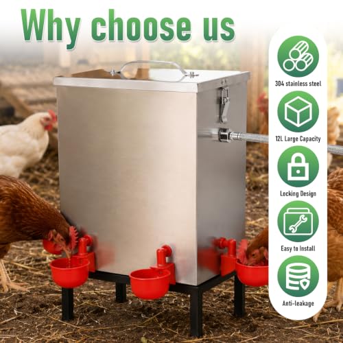 Automatic Chicken Waterer 3 Gallon, 304 Stainless Steel Poultry Waterer with Float Valve, No-Spill Metal Chicken Water Dispenser, Standing Chicken Watering System for Backyard Coop, Ducks & Small Farm