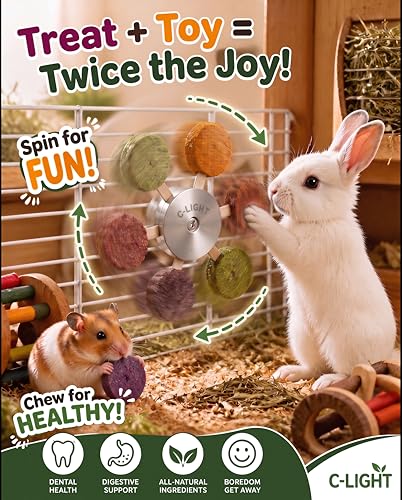 C-LIGHT Guinea Pig Chew Toys, Rotating Spinner + 8 Pcs Timothy Hay Rabbit Chew for Teeth Grind & Digestion, Rust-Proof Aluminum Toy, for Rabbit, Bunny, Chinchilla, Hamster Dental Health (Sliver) - color: Sliver