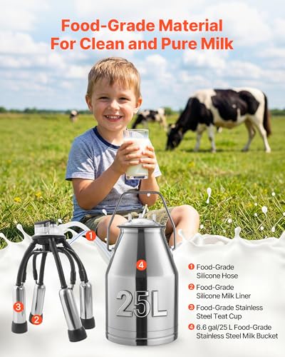 VEVOR Electric Cow Milking Machine, 6.6 Gal / 25 L 304 Stainless Steel Bucket, Food-Grade Teat Cups and Silicone Hose, Strong Suction, Vacuum Pulsation, Electric Milker Machine with Wheels for Cow - size: 25L