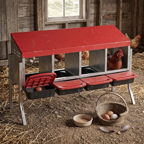 Metal Chicken Nesting Box - Heavy Duty Roll Away Nesting Boxes for Chickens Coop with Easy-Collect Tray & Lid, 4 Hole Galvanized Steel Egg Laying Boxes for Hens Ducks, Wall Mount or Freestanding - color: Red, size: 4 Holes with legs