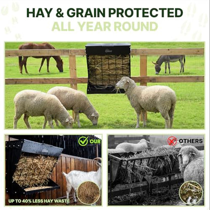 Wall Mount Hay Rack And Hay Feeder For Goats Sheep And Horses, Covered Galvanized Steel Goat Hay Feeder With Hinged Roof, 25 Gallon 2-In-1 No Waste Hanging Holder Grain Bin with hook For Cattle - color: Black