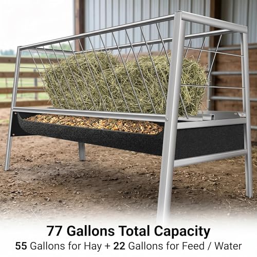 77 Gallon Outdoor Livestock Hay Feeder, Stainless Steel Anti-Waste Feeder with Rubber Trough, Durable Farm Feeding Supplies for Goats, Sheep, Calves & Horses