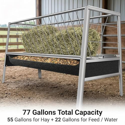 77 Gallon Outdoor Livestock Hay Feeder, Stainless Steel Anti-Waste Feeder with Rubber Trough, Durable Farm Feeding Supplies for Goats, Sheep, Calves & Horses