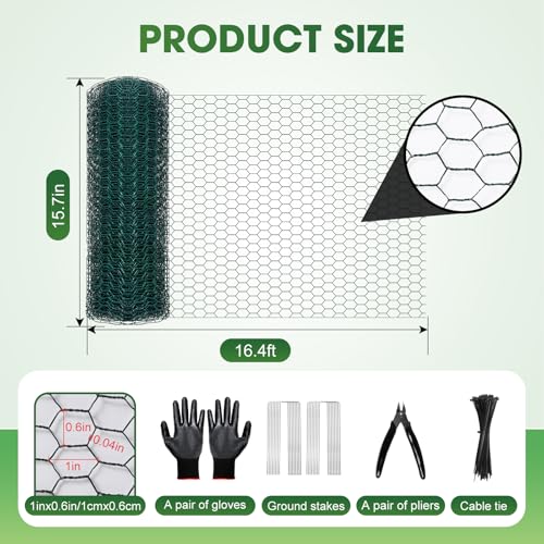 Chicken Wire for Floral Arrangements, 16 Inch x 16.4 Ft Green Chicken Wire Fencing Mesh for Crafts Poultry Garden, 0.6 Inch Hexagonal Galvanized PVC Coated Netting Fence for Outdoor Plants - size: 16x197 inch