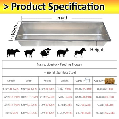 Stainless Steel Livestock Trough - Easy to Clean Animal Feed Feeder for Cattle, Horses & More - Large Capacity Hay & Water Trough - Durable & Versatile Farm Essential,L 85cm(33 1/2") X W 60c - color: L 85cm(33 1/2") X W 60cm(23 3/5"
