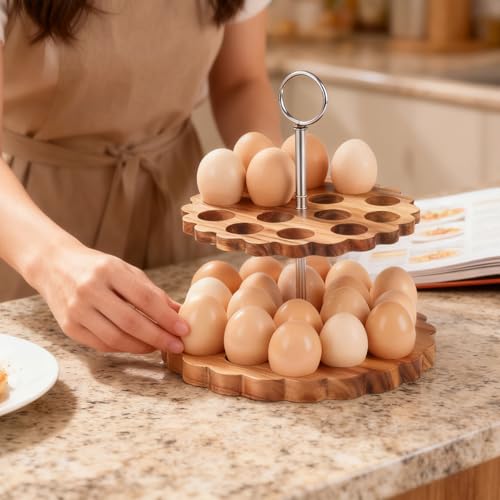 Acacia Wooden Double Layer Egg Holder for 32 Fresh Eggs, Modern Countertop Egg Storage Rack, Fits Chicken, Duck, Turkey Eggs - color: natural