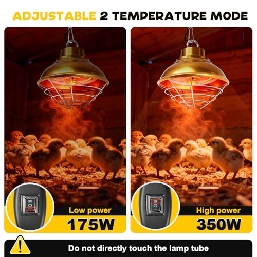 Chicken Heat Lamp Carbon Fiber Tube Brooder Heater Lamps for Chicks,Adjustable 2 Temperature Hanging Chicken Warmer for Livestock Dog Kennel,Cat House,Round 175W/350W