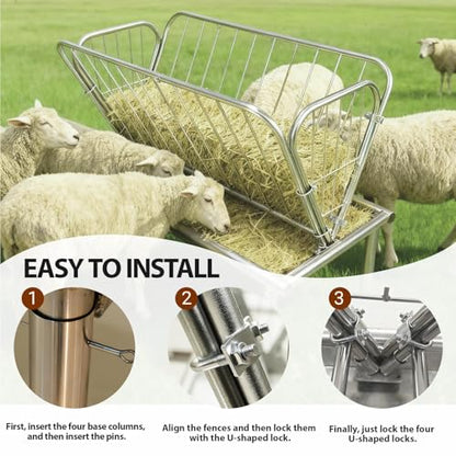 47"x22.5"x38" Heavy-Duty Galvanized Steel Hay Feeder, 30 Gallon, 2-in-1 Grain & Hay, 6" Wide Pan, All-Weather Outdoor Pasture Feeder for Livestock