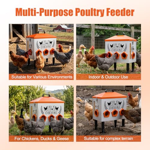 TGEYD 50LB Large Chicken Feeder – 8 Feeding Ports, No-Waste Poultry Feeder with Transparent Viewing Window, Anti-Roost Lid, & Scale-Mark Round Legs