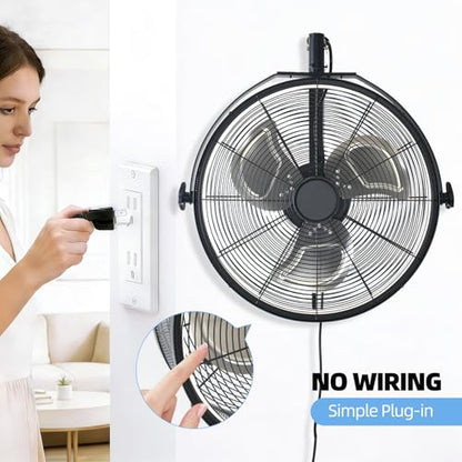 AHAWILL 20" Wall Mounted Fan with Lights, 360° Adjustable Tilt,Garage Wall Mount Fan with Remote&APP, Plug in Wall Fan,6-Speed&Reversible Gazebo Fan,3CCT Dimmable&Timer for Toolroom,Patio,Warehouse