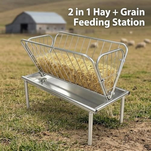 2-in-1 Livestock Hay Feeder, Galvanized Steel Goat and Sheep Feeding Station with 6" Deep Grain Pan, Heavy Duty Outdoor Pasture Hay Rack for Alfalfa and Grains, Reduces Waste