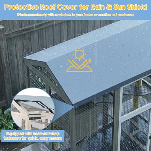 Ketive Catio Outdoor Cat Enclosure Large Walk-in Cat House with Gable Roof, Multi-Level Platforms, Cat Hammock & Litter Box Shelf, Elevated Wooden Cat Shelter for Multiple Cats - size: 61.5"L x 34"W x 66.54"H