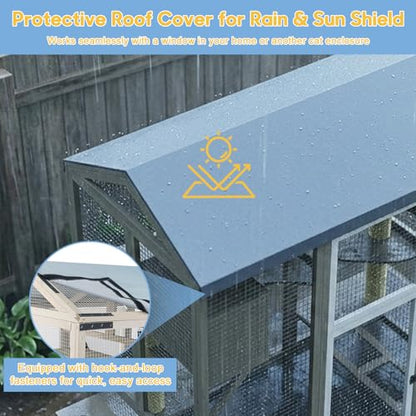 Ketive Catio Outdoor Cat Enclosure Large Walk-in Cat House with Gable Roof, Multi-Level Platforms, Cat Hammock & Litter Box Shelf, Elevated Wooden Cat Shelter for Multiple Cats - size: 61.5"L x 34"W x 66.54"H