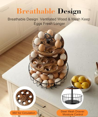 3-Tier 360° Rotating Egg Holder with 24+40 Egg Capacity - Rustic Farmhouse Kitchen Counter Organizer, Tiered Egg Storage Rack with Ventilated Wooden Trays & Metal Basket for Easter Eggs, Fresh Eggs - size: 360° Rotating